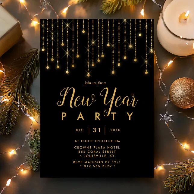 Gold and Black String Lights New Years Eve Party Invitation | Zazzle