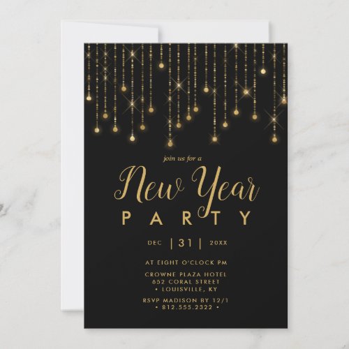 Gold and Black String Lights New Years Eve Party Invitation