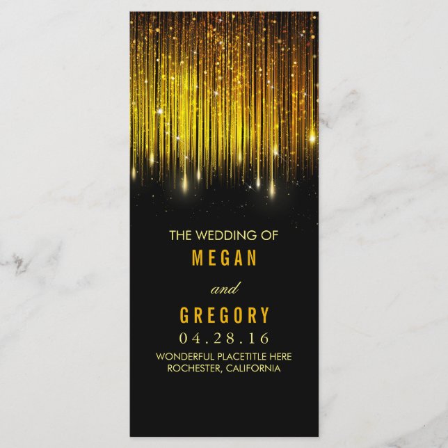 Gold and Black String Lights Wedding Programs (Front)
