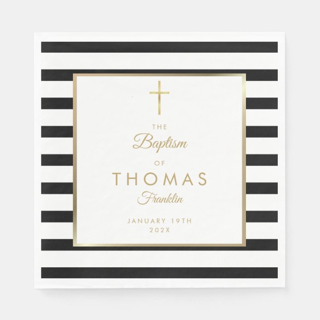 Gold And Black Stripe Baptism Christening Napkins (Front)