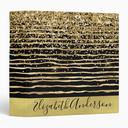 Gold and Black Stripes Glitter  Personalized 3 Ring Binder