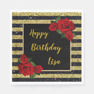 Gold And Black Stripes Glitter Red Roses Birthday Napkins