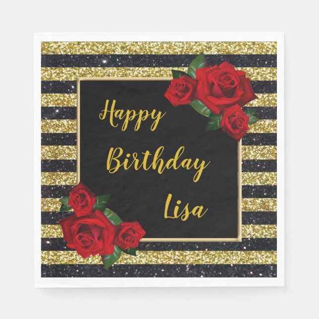 Gold And Black Stripes Glitter Red Roses Birthday Napkins (Front)