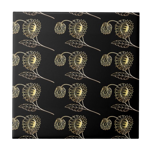 gold and black sunflowers garden nature art  ceramic tile (Front)