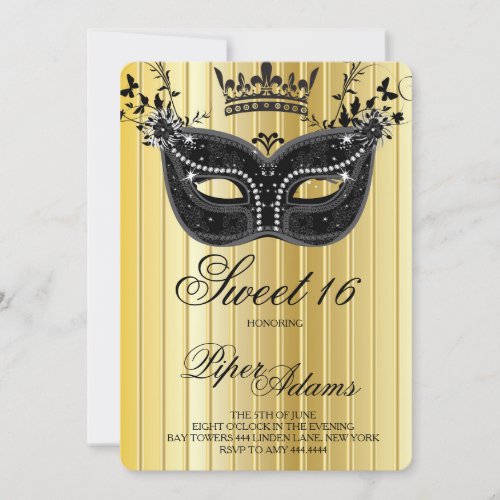 Gold and Black Sweet 16 Masquerade Invitation