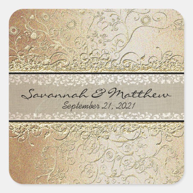 Gold and Black Swirl Square Wedding Seal (Front)