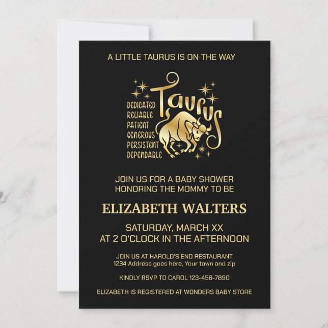 Gold and Black Taurus Zodiac Baby Shower Invitation (Front)