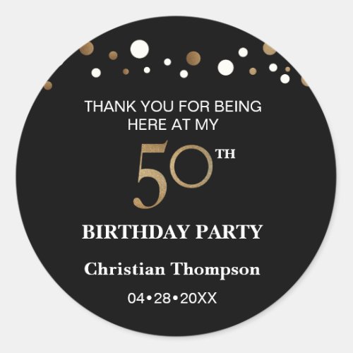 Gold and black theme 50th birthday round sticker