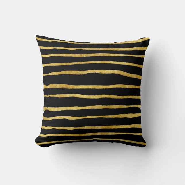 Gold and Black Torn Stripes Faux Foil Metallic Throw Pillow (Front)