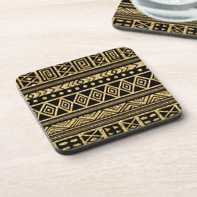 Gold And Black Tribal Geometric Pattern Beverage Coaster (Left Side)