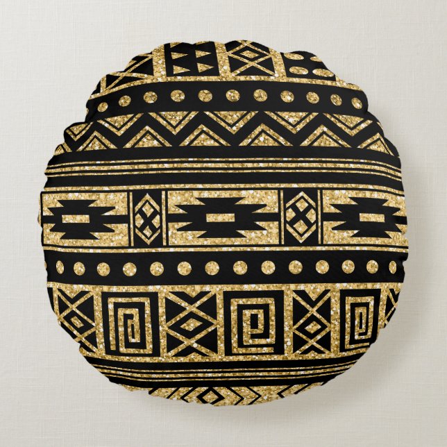 Gold And Black Tribal Geometric Pattern Round Pillow (Front)