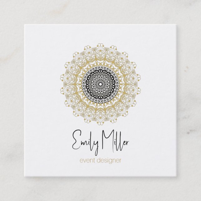 Gold and Black  Tribal Mandala Square Business Card (Front)