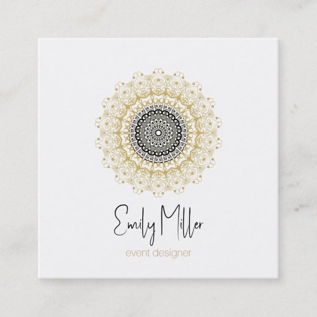 Gold and Black  Tribal Mandala Square Business Square Business Card (Front)