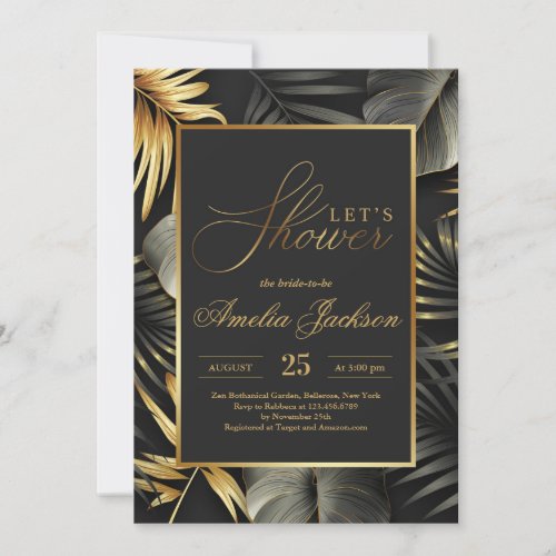 Gold and black tropical leaves bridal shower invitation