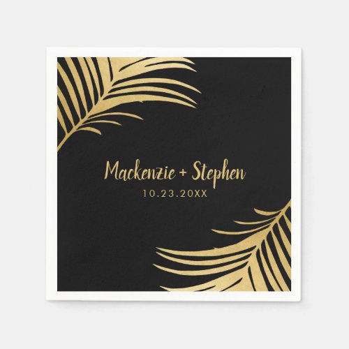 Gold and Black Tropical Palm Leaf Personalized Napkins