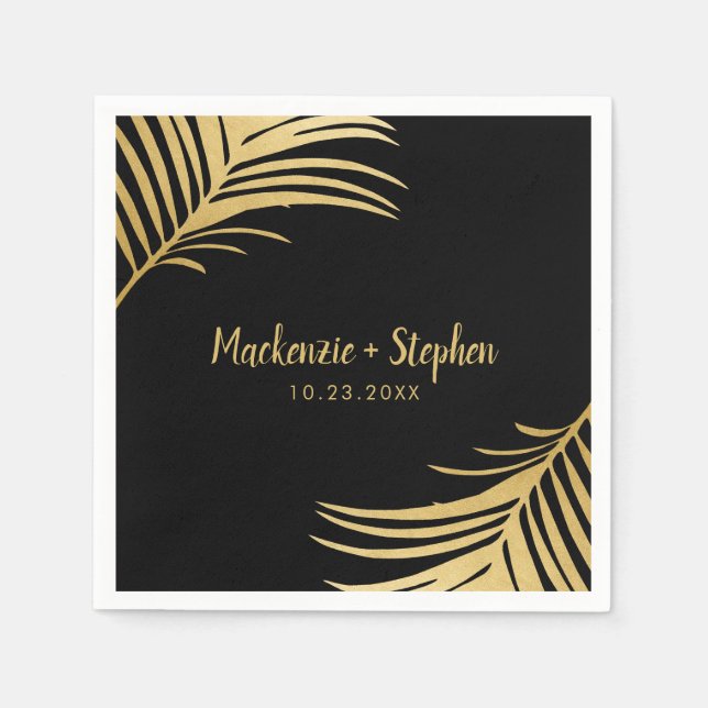 Gold and Black Tropical Palm Leaf Personalized Napkins (Front)