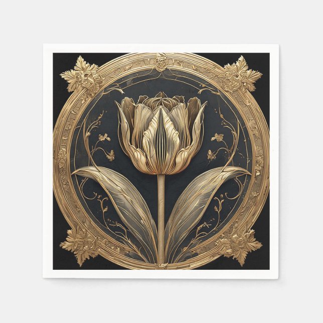 Gold and Black Tulip Design Napkins (Front)