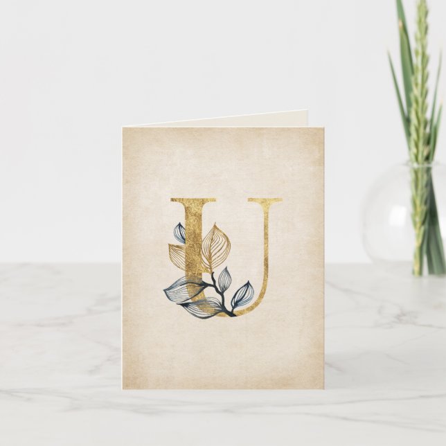 Gold and Black U Monogram With Leaves Note Card (Front)