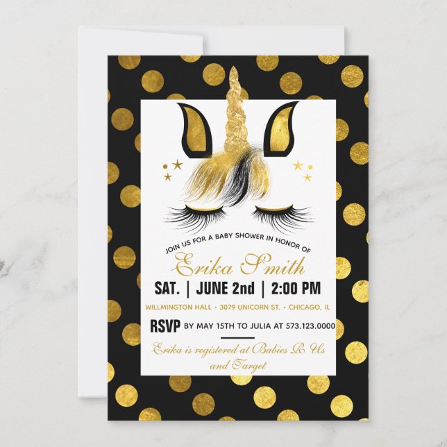 Gold and Black Unicorn Baby Shower Invitation (Front)