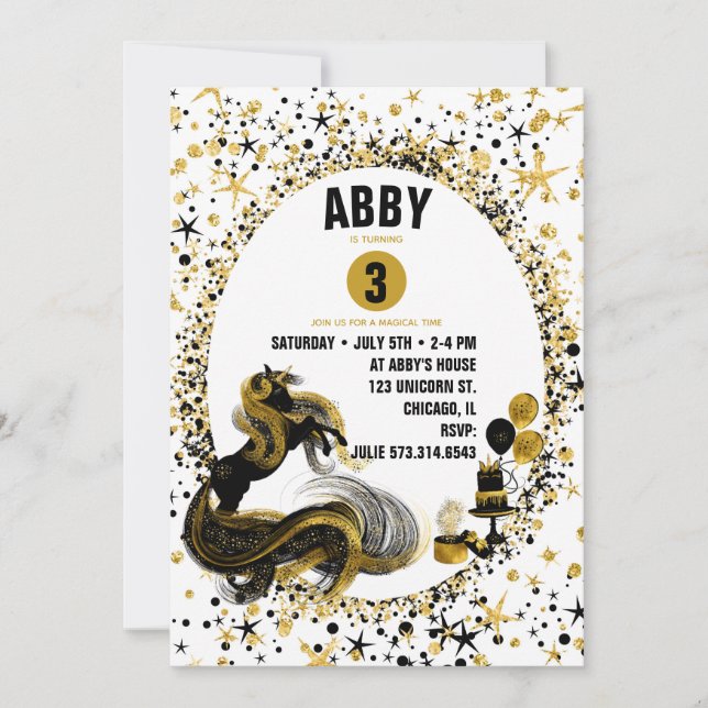 Gold and Black Unicorn Birthday Party Invitation (Front)