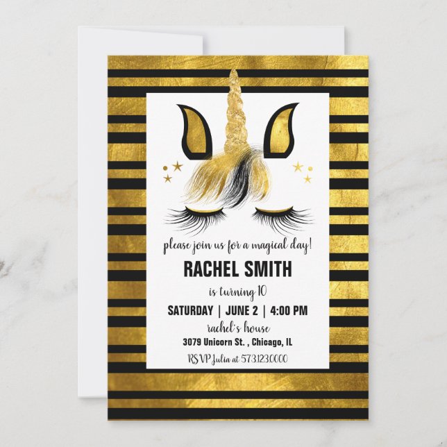 Gold and Black Unicorn Birthday Party Invitation (Front)