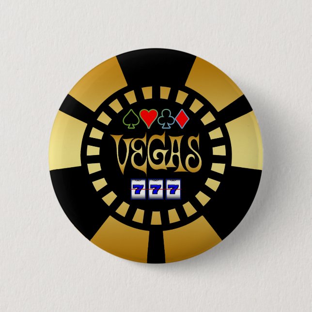 GOLD AND BLACK VEGAS POKER CHIP PINBACK BUTTON (Front)