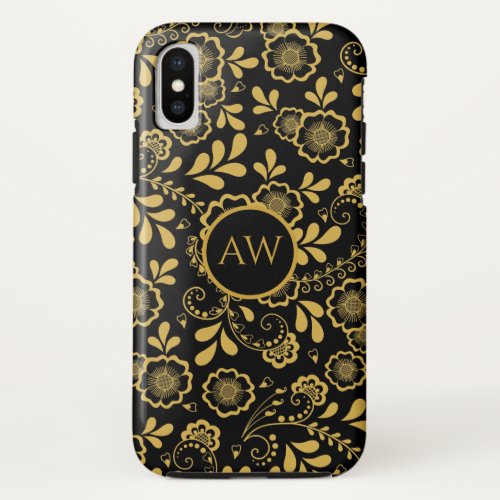 Gold and black Victorian Floral Lace Monogram iPhone XS Case