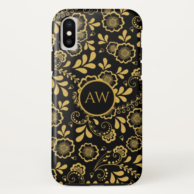 Gold and black Victorian Floral Lace Monogram Case-Mate iPhone Case (Back)