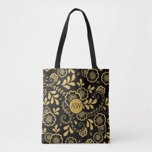 Gold and Black Victorian Lace Monogram Tote Bag