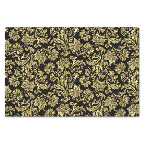 Gold And Black Vinage Floral Damasks Pattern Tissue Paper