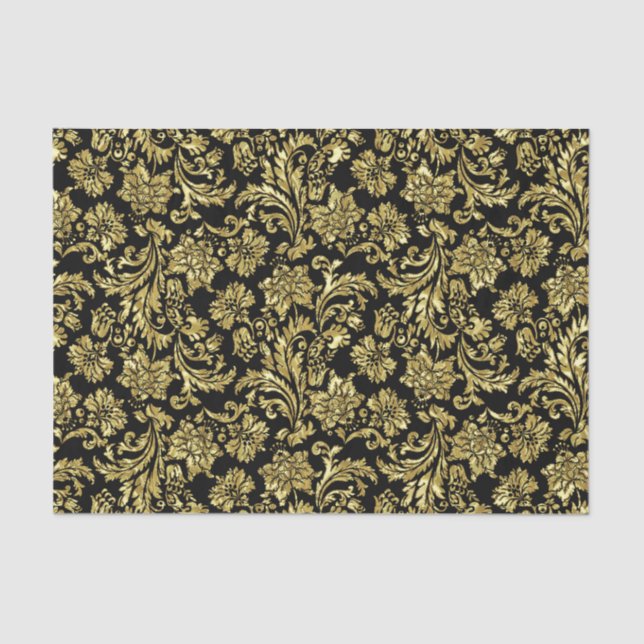 Gold And Black Vinage Floral Damasks Pattern Tissue Paper (Front)