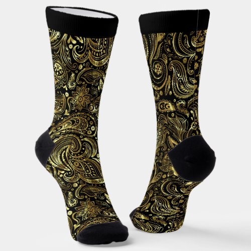 Gold and black vintage floral paisley pattern socks