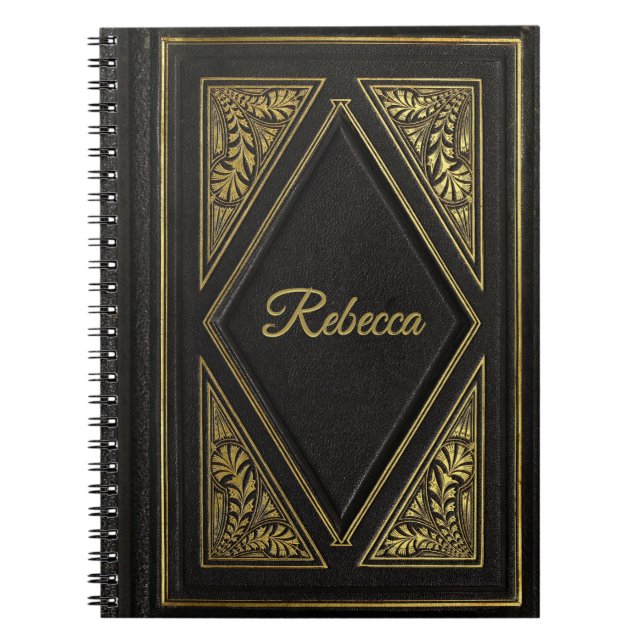 Gold and Black Vintage Leather Look Personalized  Notebook (Front)
