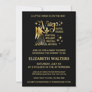 Gold and Black Virgo Zodiac Baby Shower Invitation
