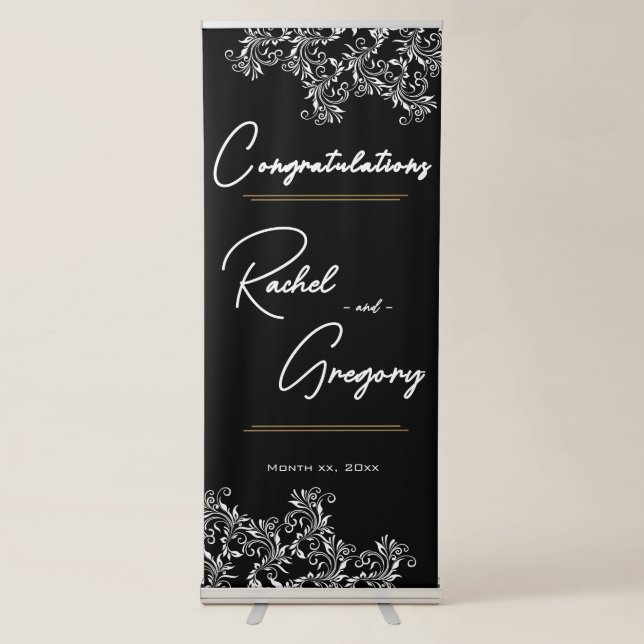 Gold and Black Wedding Congratulations Retractable Banner (Front)
