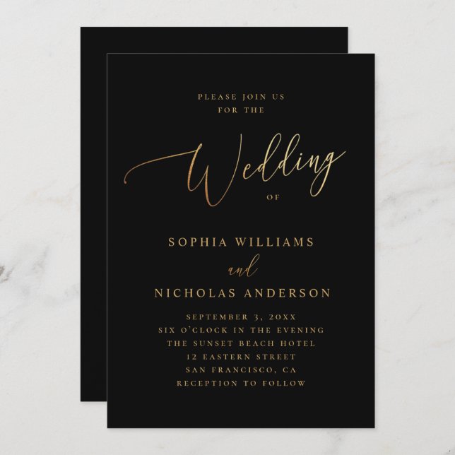 Gold and Black Wedding | Elegant Classic Script Invitation (Front/Back)