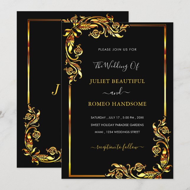 Gold and Black Wedding Invitation Example (Front/Back)