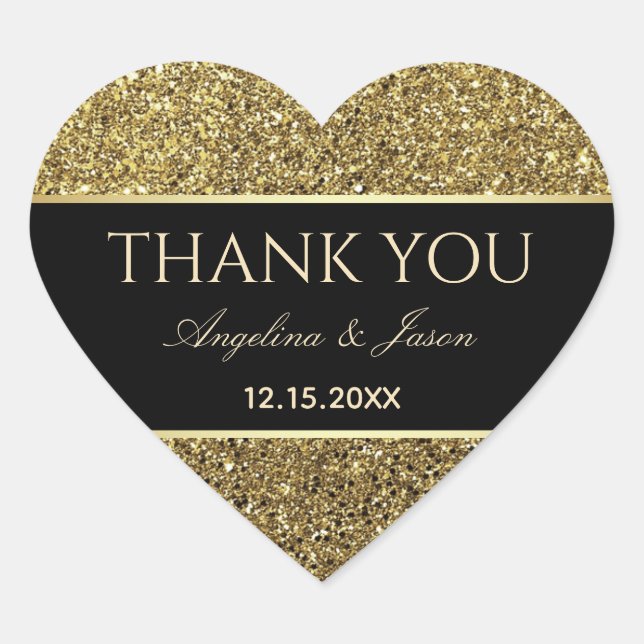 Gold and Black Wedding Thank You Favor Heart Sticker (Front)