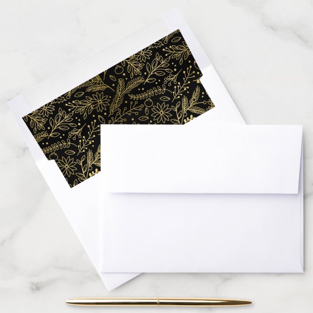 Gold And Black Winter Foliage Modern Christmas Envelope Liner (Desk)