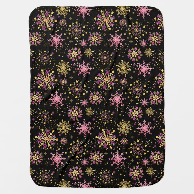 Gold and Black Winter Snowflakes Baby Blanket (Front)