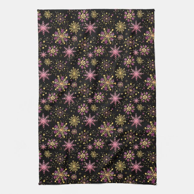Gold and Black Winter Snowflakes Kitchen Towel (Vertical)