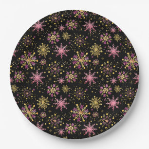 Gold and Black Winter Snowflakes Paper Plates