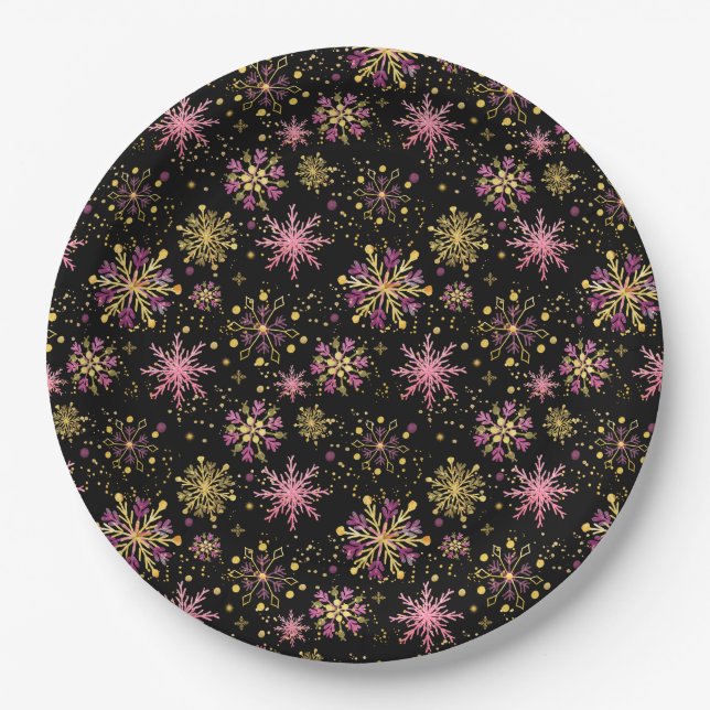 Gold and Black Winter Snowflakes Paper Plates (Front)