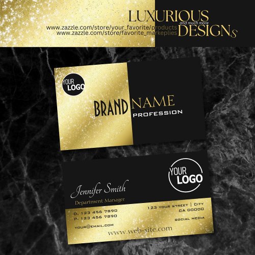 Gold and Black with Glitter Stars add Logo Bicolor Business Card