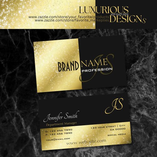 Gold and Black with Glitter Stars Monogram Bicolor Business Card