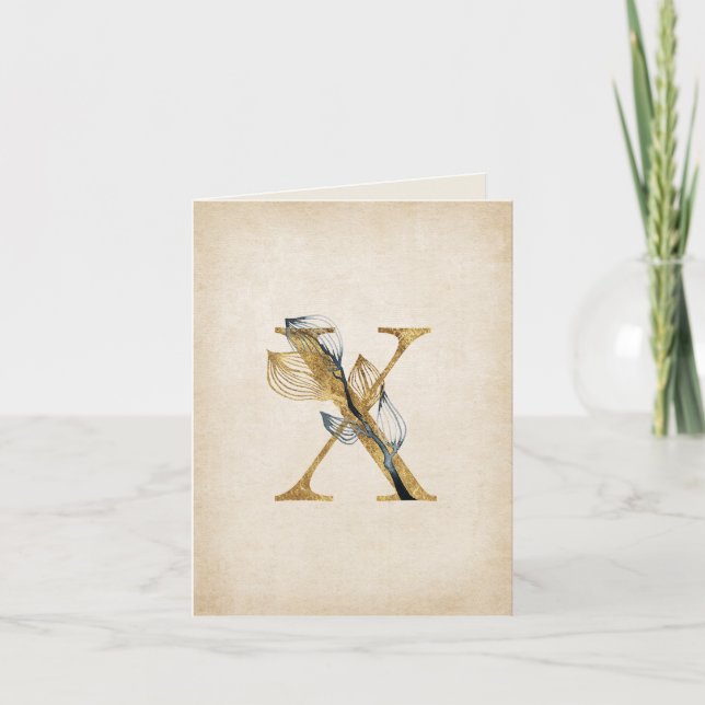 Gold and Black X  Monogram With Leaves Note Card (Front)