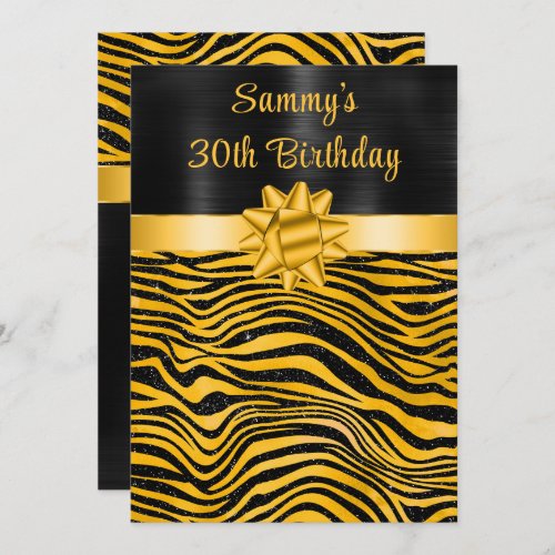 Gold and Black Zebra Stripes Birthday Party Invitation