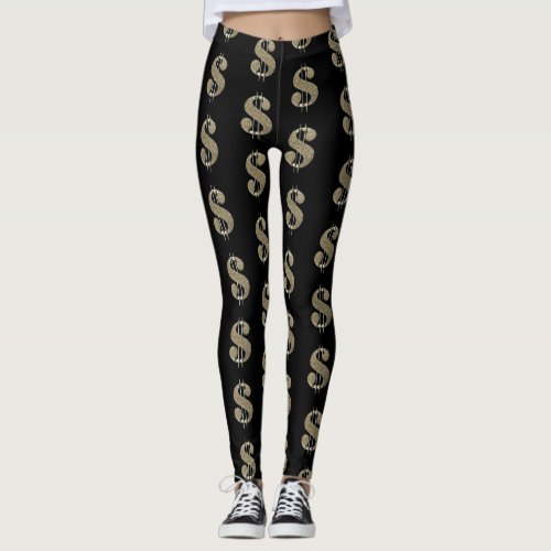 Gold and Bling Dollar Signs on Black Leggings