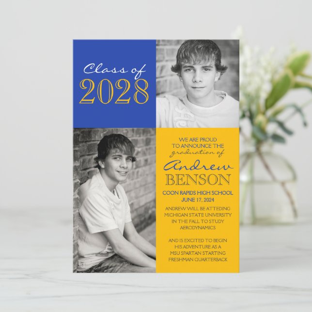 Gold and Blue 2 Photo Graduation Announcement (Standing Front)