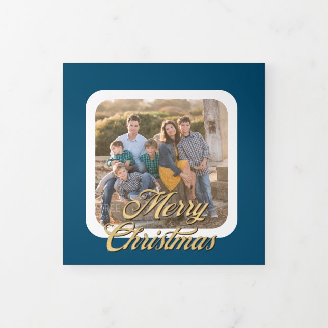 Gold and Blue 4 Photo Christmas Tri-Fold Card (Cover)